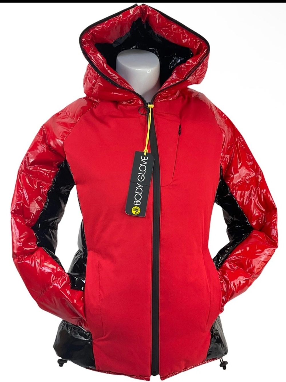 Body Glove Coat Women Down Puffer Parka Red Black Wet Look Msrp $350 Nwt Size: L